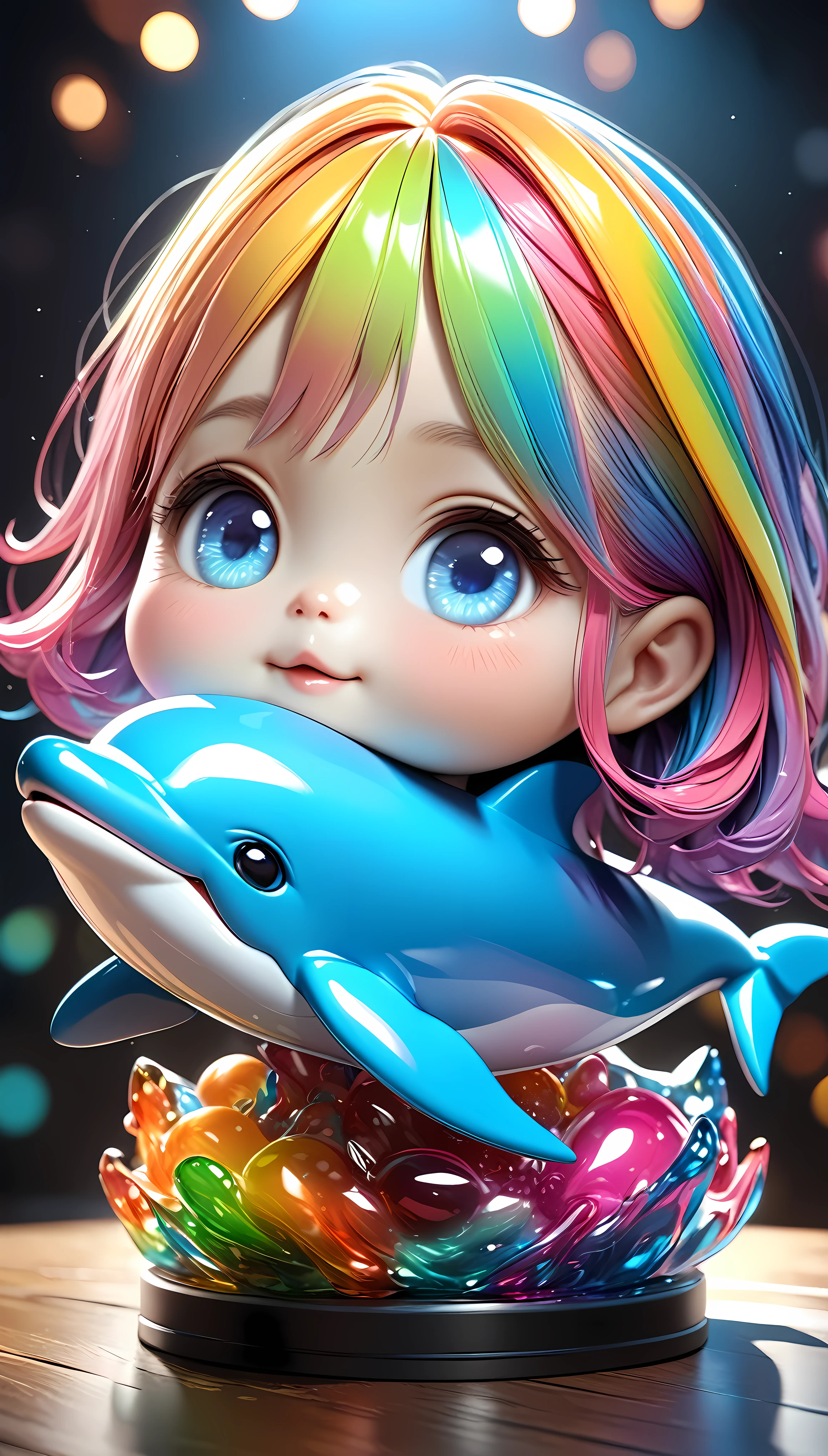 a highly detailed 4d clay model of a cute Dolphin , solo, Dolphin character, vibrant colorful gradients, anatomically correct, surreal and absurd aesthetics, cinema4d rendering, vivid colors, cute chibi style, polycarbonate, realistic 3d form, best quality, 4k, 8k, highres, masterpiece, ultra-detailed, realistic, photorealistic, photo-realistic, HDR, UHD, studio lighting, ultra-fine painting, sharp focus, physically-based rendering, extreme detail description, professional, vivid colors, bokeh, portraits, concept artists