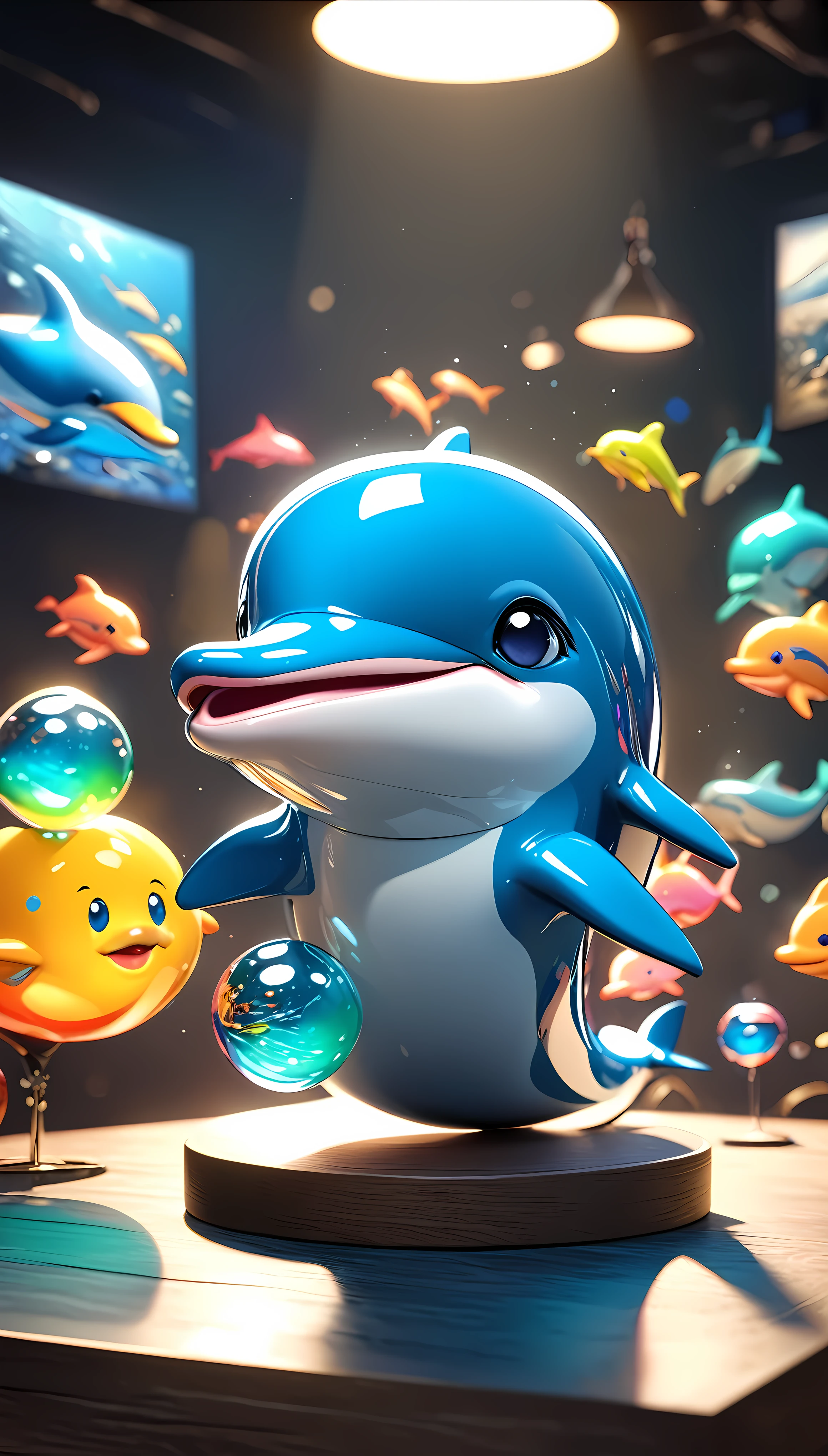 a highly detailed 4d clay model of a cute Dolphin , solo, Dolphin character, vibrant colorful gradients, anatomically correct, surreal and absurd aesthetics, cinema4d rendering, vivid colors, cute chibi style, polycarbonate, realistic 3d form, best quality, 4k, 8k, highres, masterpiece, ultra-detailed, realistic, photorealistic, photo-realistic, HDR, UHD, studio lighting, ultra-fine painting, sharp focus, physically-based rendering, extreme detail description, professional, vivid colors, bokeh, portraits, sea art  concept artists