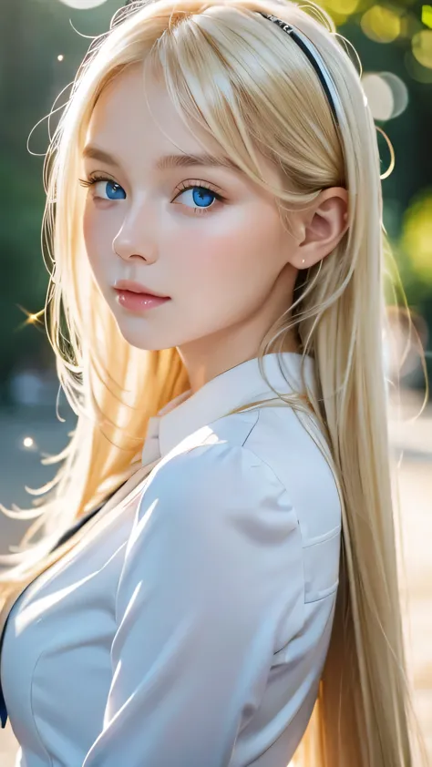 portrait、school uniform、very beautiful baby face、scandinavian blonde beauty、bright expression、blonde ponytail、young, lustrous, g...