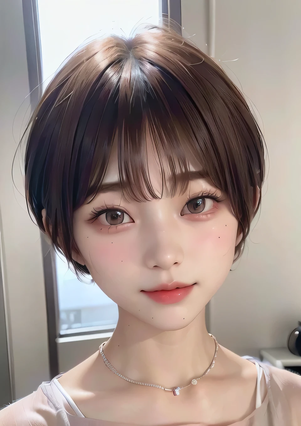 (Best Quality:1.4)、(masterpiece:1.4)、RAW Photos、8k、((Best image quality))、 ((High resolution))、Beautiful face in every detail、Realistic human skin、Gentle expression、(One Woman:1.3 )、Realistic、Photorealistic、(Short Hair:1.4)、(Beautiful woman)、(Cute Japanese Girl)、(boyish:1.3)、(mannish)、((Beautiful woman))、(Beautiful Hair)、((Dark brown hair))、(((Red cheeks)))、(Her eyes are big:1.3)、20-year-old beauty、(Her face is small:1.5)、Small Head、((Long neck))、Pale skin、Immaculate Skin、With bangs、Everyone admires、Beautiful woman in Japan、((eight-headed body))、(necklace)、(Beauty Salon)、(Haircut Model)、smile、Happy expression、(She has a lot of fans:1.4)、((Young women respect her))、Charismatic Model、(She has a lot of fans:1.4)、enjoy、(Blushing)、(Putting on makeup)、Hair styling