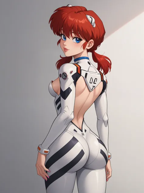 ranma saotome. red hair. blue eyes. pigtail. small saggy breasts. hige hips. slim dody. choker. evangelion suit. black eyeliner....