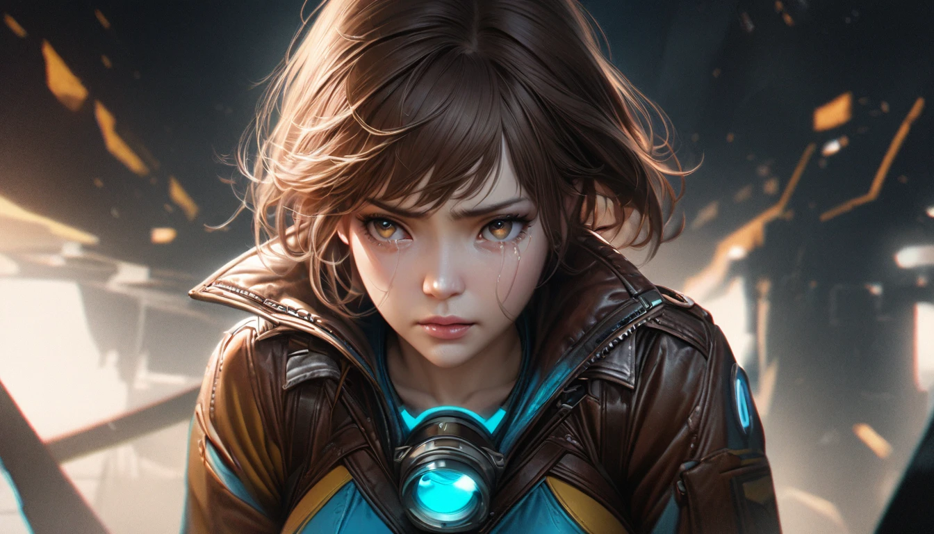 A girl with short brown hair wearing a leather jacket, bodysuit, gloves, and goggles, looking sad with a hint of tears, detailed face and eyes, hyperrealistic, 8k, highly detailed, professional digital art, dramatic lighting, moody color palette, cinematic composition,Tracer,goggles