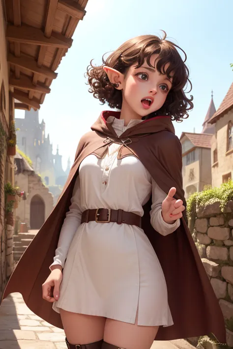 a girl with elf ears, brown eyes, short curly hair, open mouth with lipstick, wide-eyed expression of surprise, in a fantasy vil...