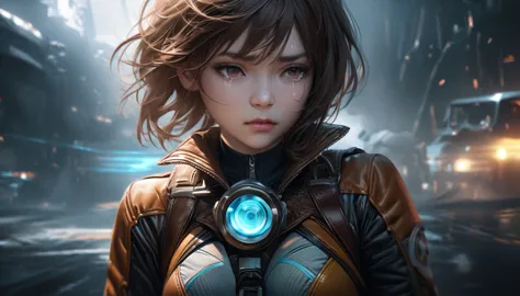 a girl with short brown hair wearing a leather jacket, bodysuit, gloves, and goggles, looking sad with a hint of tears, detailed...