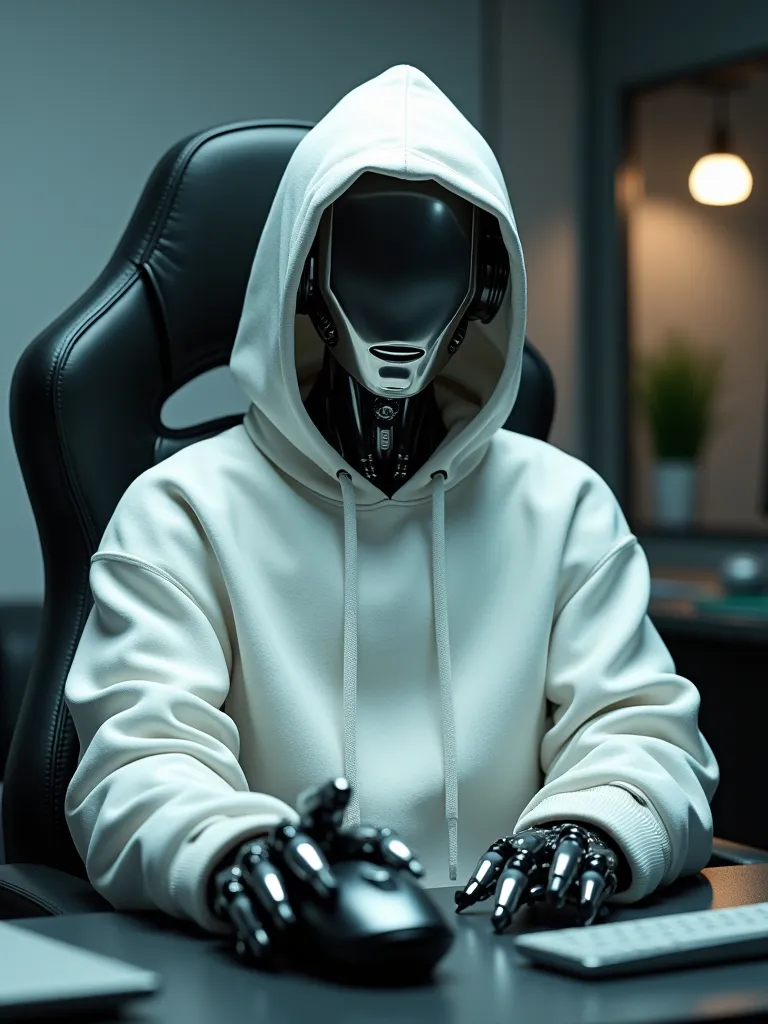 The robot in a white sweatshirt sits on a compulter armchair for computers in one hand mouse. There is a white hood on the head. (super quality), (cyberpunk), (photorealism). -imagine -