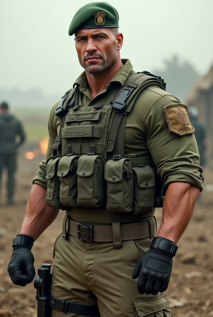 A very handsome big muscular man wearing a soldier combar uniform, with tactical gloves and spec ops green beret, rolled up sleeves, showing biceps, background a battlefield