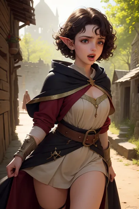 1girl, elf ears, brown eyes, short curly hair, open mouth, lipstick, wide-eyed expression, fantasy village, cloak, highly detail...