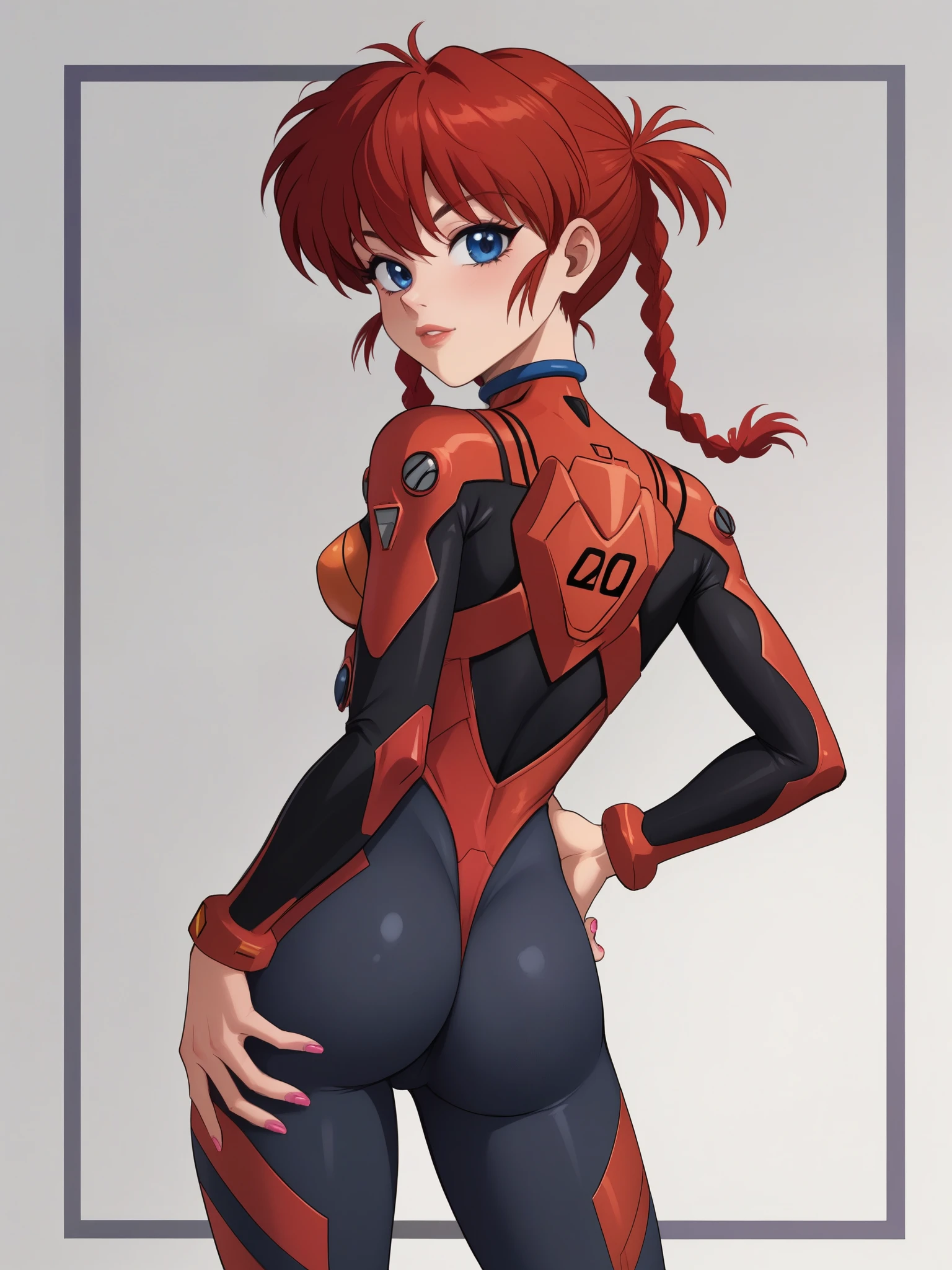 Ranma Saotome. red hair. Blue eyes. pigtail. small saggy breasts. hige hips. slim dody. choker. evangelion suit. black eyeliner. pink manicure. bar. rear view
