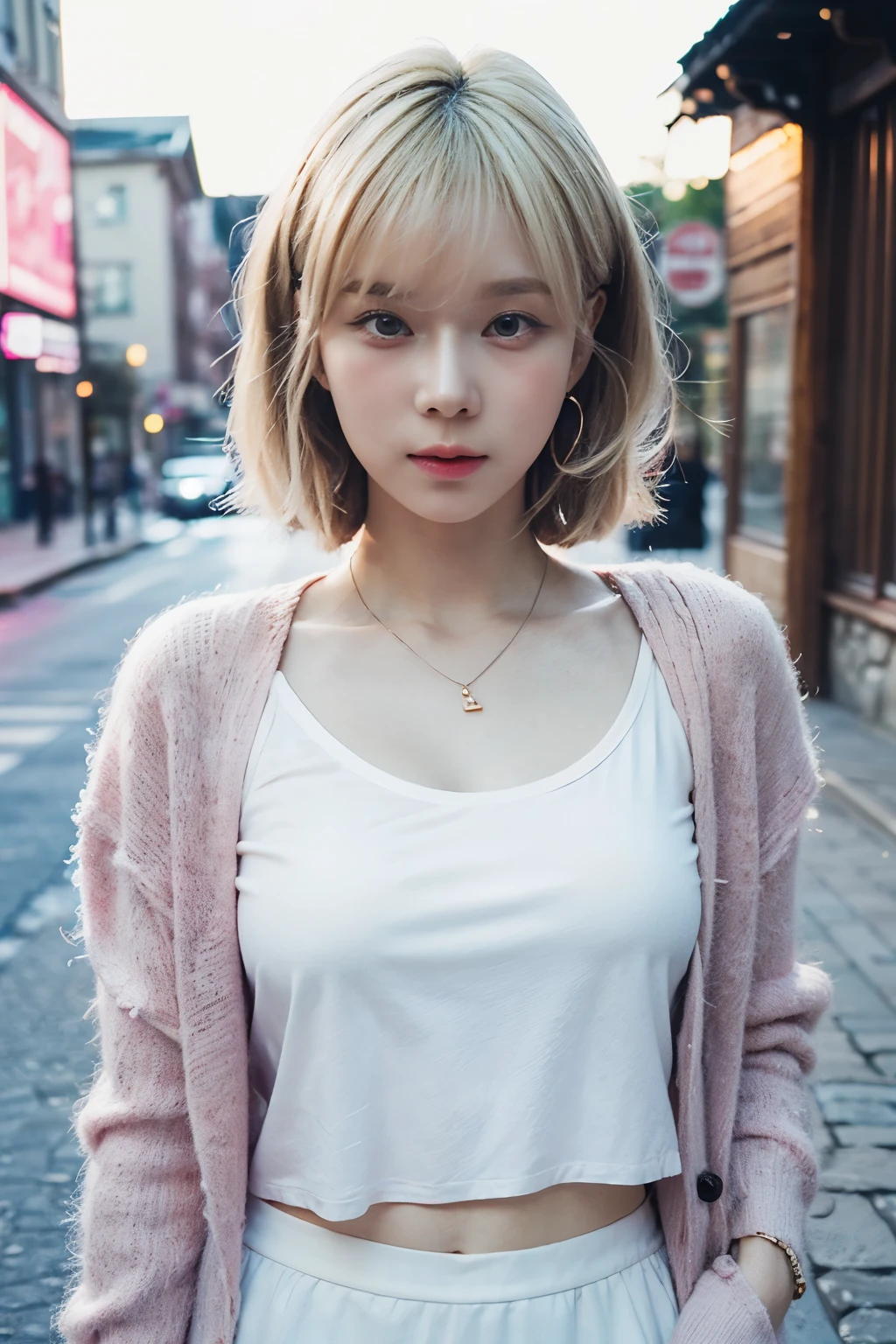 ((Masterpiece, high quality, ultra detailed, photorealistic, 8K)),  1 Korean girl, blonde hair, curly bob cut hair, thin cheeks, white shirt and pink jacket, mini black skirt, cute eyes, Winter Aespa, random poses, in the village, best photoshoot, Kpop, (wearing accessories), perfect body, perfect eyes, perfect face