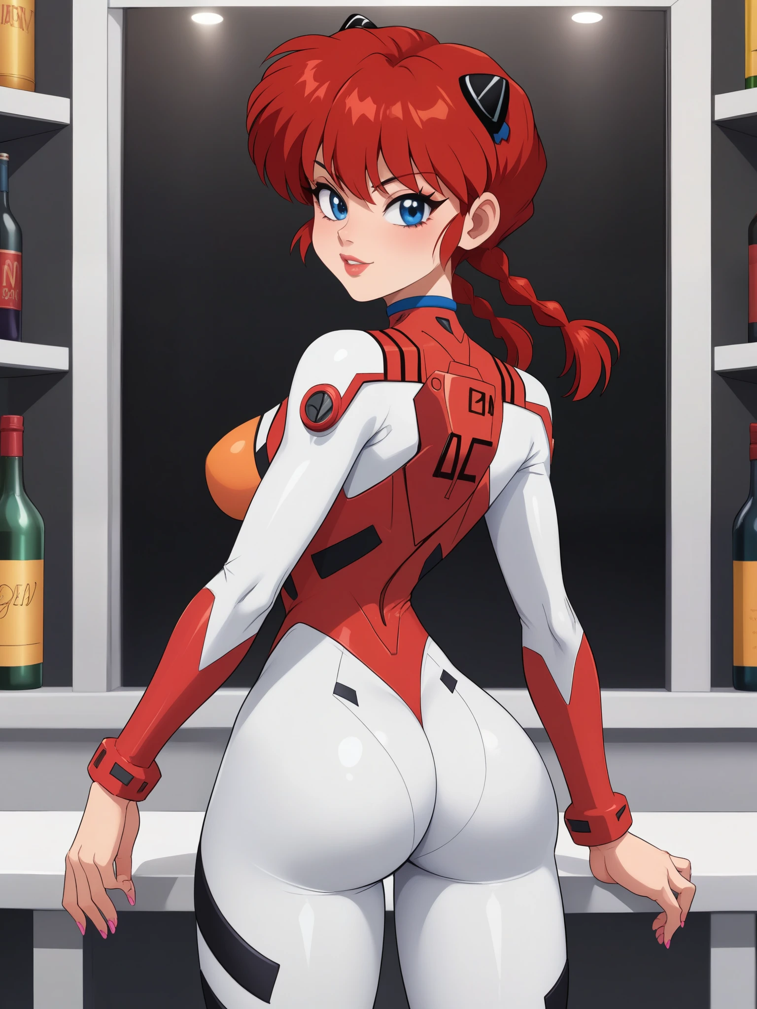 Ranma Saotome. red hair. Blue eyes. pigtail. small saggy breasts. hige hips. slim dody. choker. evangelion suit. black eyeliner. pink manicure. bar. rear view
