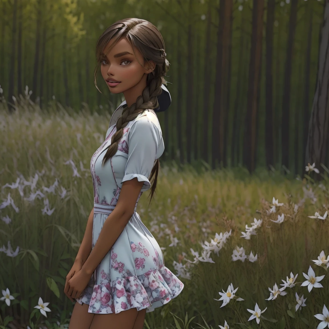 slmn, jasmine tookes,1girl, skinny, masterpiece,best quality,highres,ultra-detailed,aadarjeeling,braid,bangs,floral minidress,outdoors,standing,:smile,cowboy shot, from side,