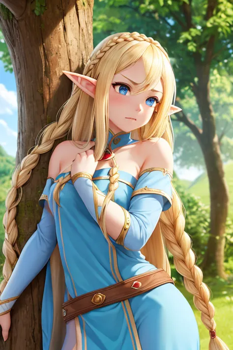 a beautiful elf princess with long braided blonde hair, elf ears, blue eyes, thin lips, round face, medium breasts, wearing a re...