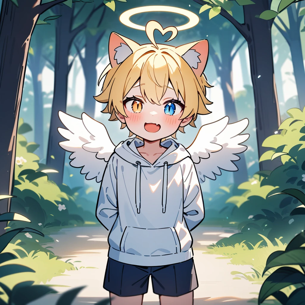 （masterpiece：1.2，high quality），8k，High resolution，A seven-year-old boy，cute boy，blonde hair，short hair， heterochromia，slit pupils，heart ahoge，cat ears，Halo on the head，（Halo），laughing，skin fang，There are white angel wings behind，Wearing a white hoodie，Dark blue shorts，Stand in the forest，There are flowering trees on both sides.，primary school student，thigh，alone，((Hands behind your back))