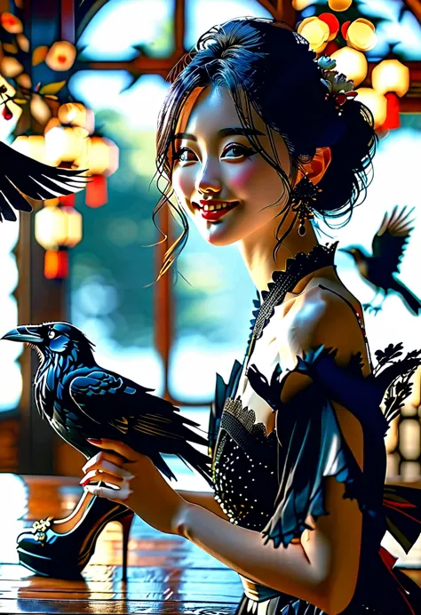 (playing with a raven:1.4).beautiful japanese woman, short, beautiful figure, cute butt. elegant black dress, high heels, (smile...