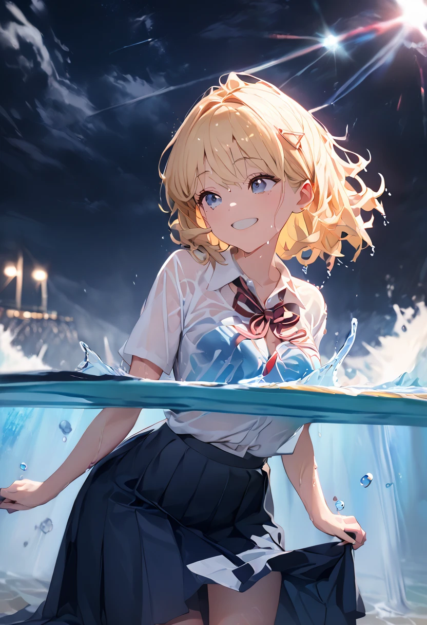 (8k, Best Quality, masterpiece: 1.2),Ultra-high resolution, 1 person, cute, Alone,Highly detailed face, Standing, blonde, blazer, shirt, blouse, ribbon, navy blueのシワ付スカート, navy blue, gothic long skirt, sea, sea水浴, Soaking wet, Splash, Water Play, Wet from head to foot, Splash, Submersion, Childish, The best smile, date, Excited, Water droplets on the body, Water up to my chest, Standing, 