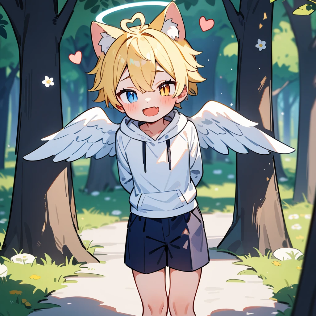 （masterpiece：1.2，high quality），8k，High resolution，A seven-year-old boy，cute boy，blonde hair，short hair， heterochromia，slit pupils，heart ahoge，cat ears，Halo on the head，（Halo），laughing，skin fang，There are white angel wings behind，Wearing a white hoodie，Dark blue shorts，Stand in the forest，There are flowering trees on both sides.，primary school student，thigh，alone，((Hands behind your back))