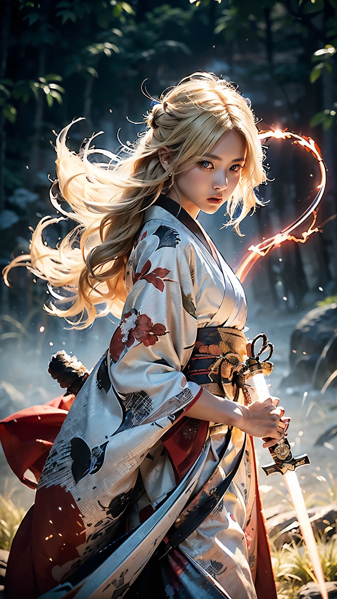 (((((Beautiful eyes, Beautiful Eyes)))))((((Blonde, A red aura around the body, Shining)))), (King, Dynamic, Jump), Survival ((((A colorful kimono with a red base)))), (Ultra HD, Best Quality, High resolution, Surreal, so beautiful), 24000dpi, Beautiful woman, Long Tail, Well-formed eyes, Young woman, greatest visual acuity, 1, Fascinating, Japanese women, ((Japanese Kimono:1.2, Seraphim)), (((2 Foot Knife, She has an electric Japanese sword., Both directions))), Blue Lightning, Charge Move, Special Move Stance, All-in-one, (Seven swords fly around her), whole body, Exquisite details, (((Graceful posture, Powerful, force, attack)))