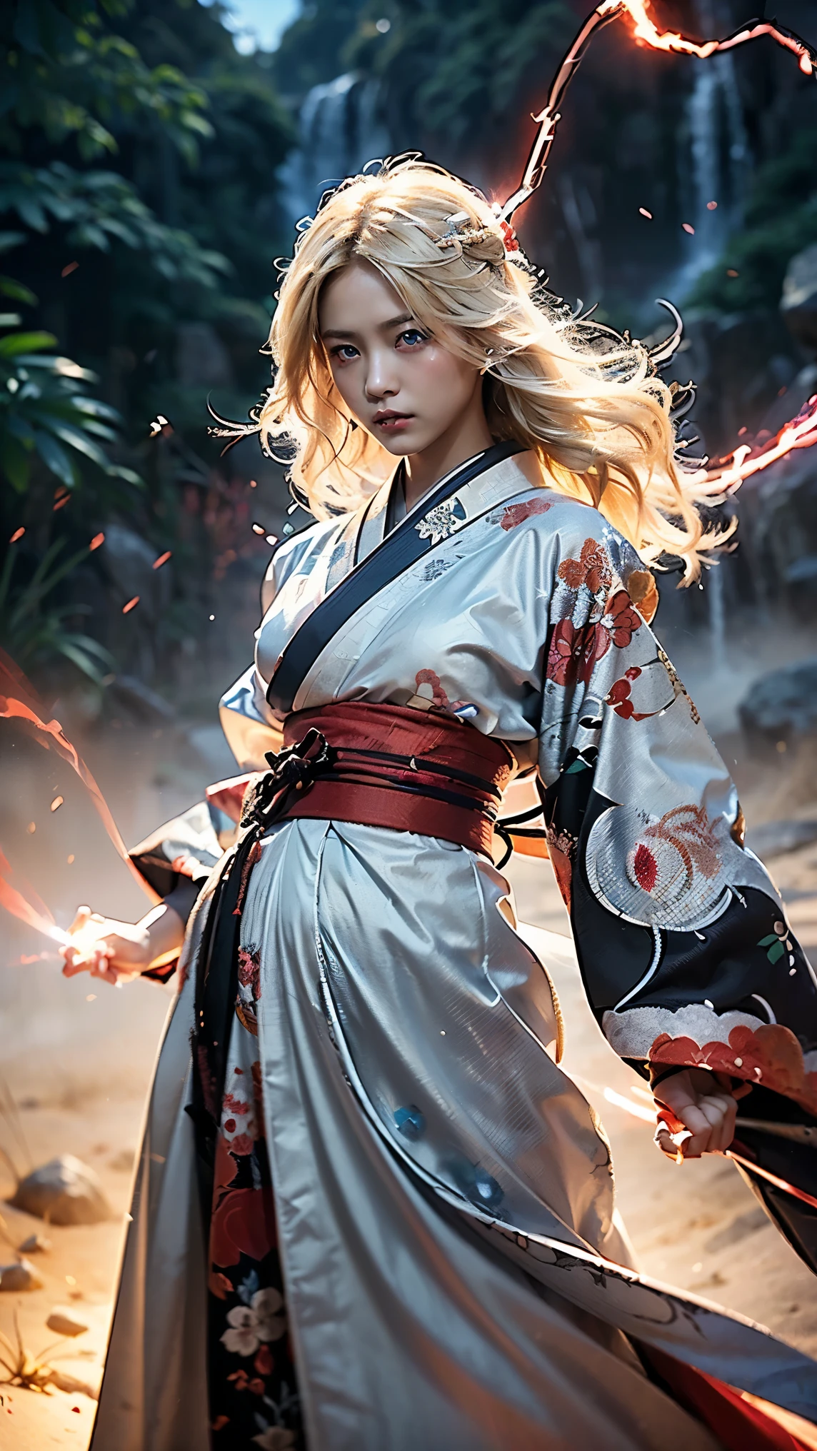 (((((Beautiful eyes, Beautiful Eyes)))))((((Blonde, A red aura around the body, Shining)))), (King, Dynamic, Jump), Survival ((((A colorful kimono with a red base)))), (Ultra HD, Best Quality, High resolution, Surreal, so beautiful), 24000dpi, Beautiful woman, Long Tail, Well-formed eyes, Young woman, greatest visual acuity, 1, Fascinating, Japanese women, ((Japanese Kimono:1.2, Seraphim)), (((2 Foot Knife, She has an electric Japanese sword., Both directions))), Blue Lightning, Charge Move, Special Move Stance, All-in-one, (Seven swords fly around her), whole body, Exquisite details, (((Graceful posture, Powerful, force, attack)))