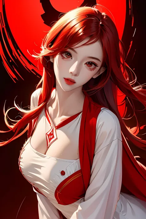 a beautiful anime girl with red tunic and skirt, white shirt, long eyelashes, detailed face, possessed expression, alone, sexy p...