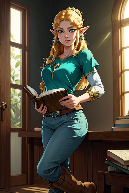 A beautiful, detailed portrait of Princess Zelda, a young woman with blonde hair, green eyes, and a simple expression, wearing a blue shirt, pants, and boots, holding a book, with pointed ears, against a simple background. The scene is magical, inspired by the Legend of Zelda video game series, including elements like a flower made of light and a sense of the character's power and solitude. The image is of the highest quality, photorealistic and vivid, with masterful attention to detail.