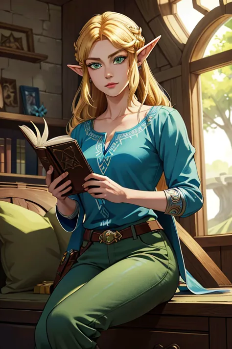 a beautiful, detailed portrait of princess zelda, a young woman with blonde hair, green eyes, and a simple expression, wearing a...