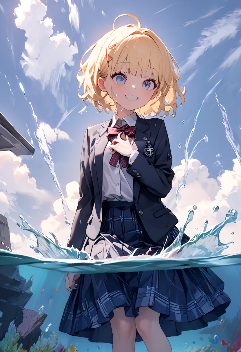 (8k, Best Quality, masterpiece: 1.2),Ultra-high resolution, 1 person, cute, Alone,Highly detailed face, Standing, blonde, blazer, shirt, blouse, ribbon, navy blueのシワ付スカート, navy blue, gothic long skirt, sea, sea水浴, Soaking wet, Splash, Water Play, Wet from head to foot, Splash, Submersion, Childish, The best smile, date, Excited, Water droplets on the body, Water up to my chest, Standing, 