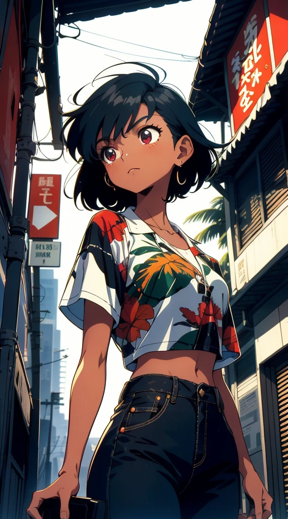 girl, black short hair, printed shirt, looking up, dark ambience, jungle, hot colors, masterpiece, cinematic angle, dynamic framing, 1990's vintage looking cel-shaded anime, by rumiko takahashi