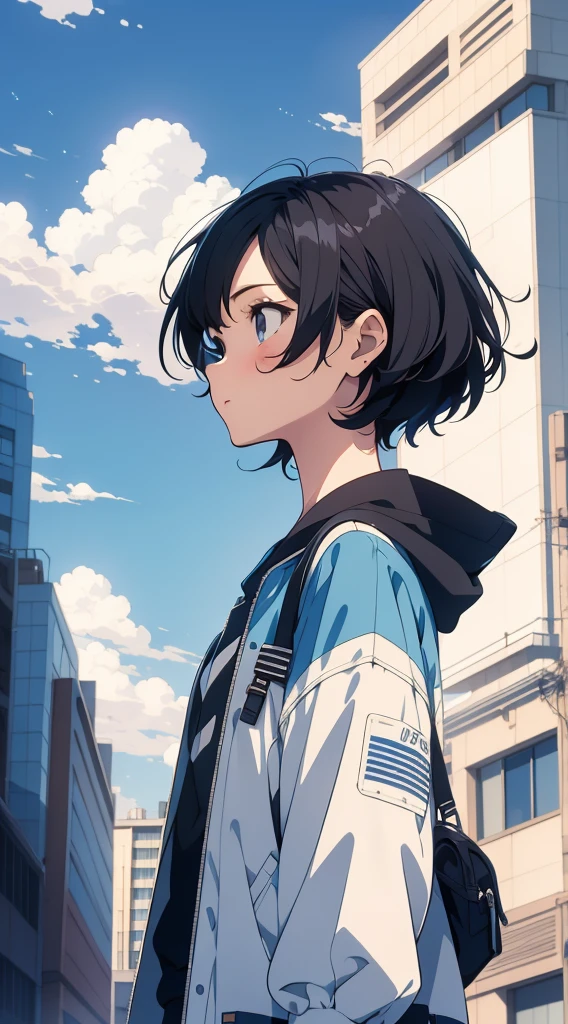 Girl, short black hair, looking up, cinematic angle, outdoor setting, blue sky, pastel colors, 90s anime style, Shinichiro Watanabe, style Shinichiro Watanabe