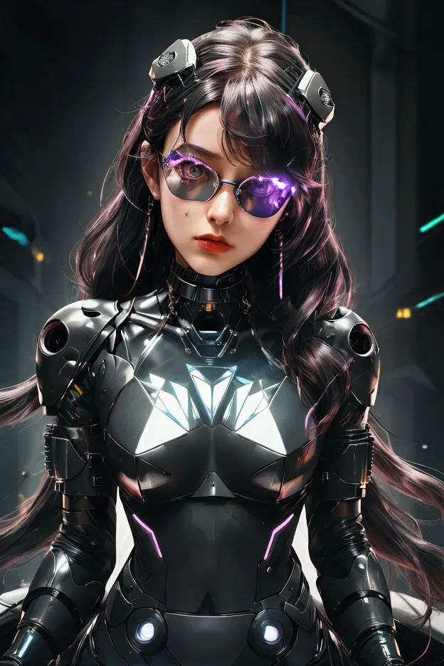 color photo of a pair of high-tech augmented reality glasses perched on the cyborg girl's head, a metallic choker embedded with ...