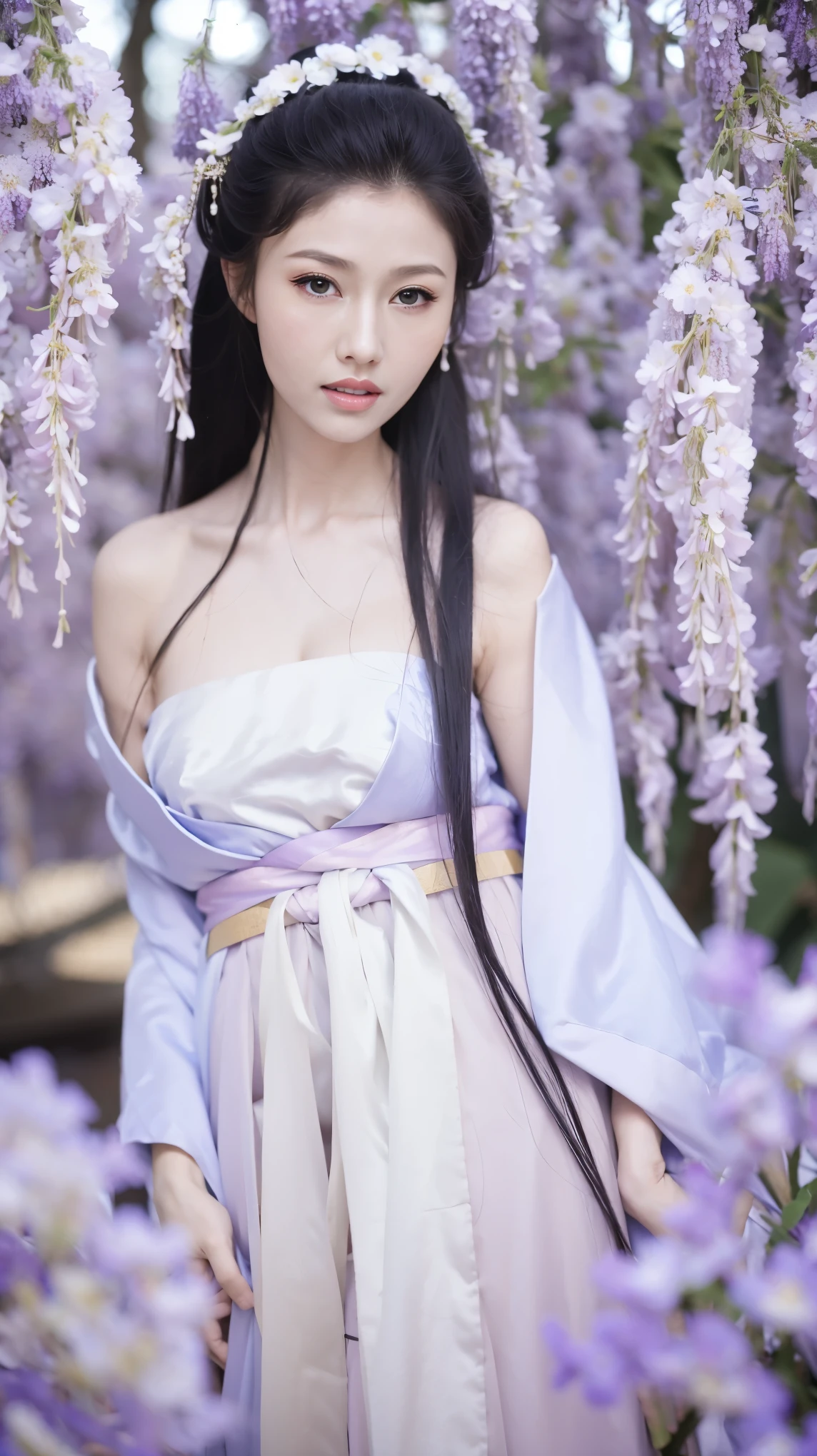 Fashion Model 2 [[[[Cleavage close-up]]]], [[[[Chest]]]], [[[[rape]]]], [[[[Shoulder]]]], Perfect eyes, Perfect Iris，Perfect lips，Perfect Teeth，Perfect skin，Long face，Soft headlights，HD Girls,White ancient Chinese clothing，Hanfu，Full body photo，Background with wisteria，masterpiece，Best quality，（Soft colors：1.2）