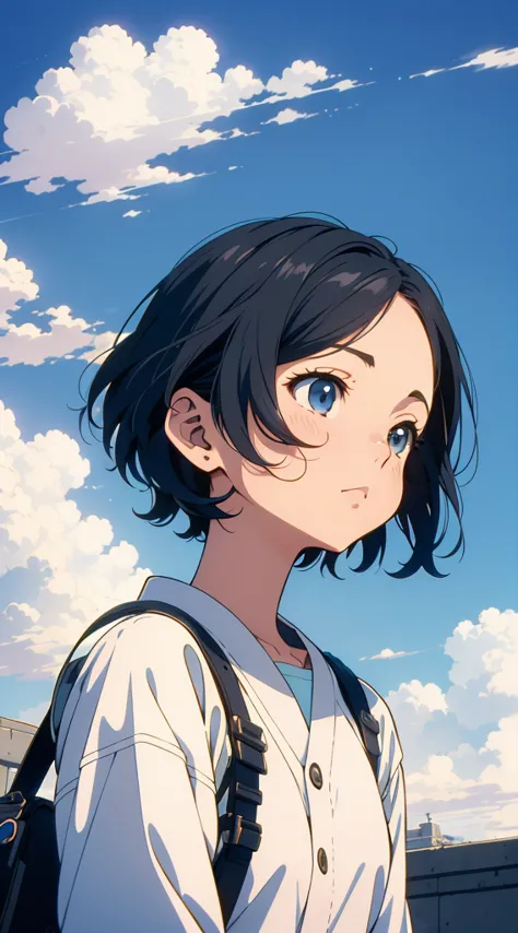 girl, short black hair, looking up, cinematic angle, outdoor setting, blue sky, pastel colors, 90s anime style, shinichiro watan...