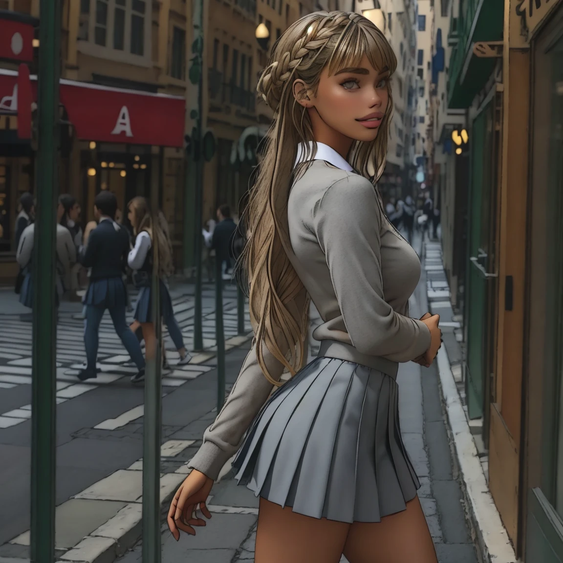 slmn, jessica goicoechea,1girl, skinny, masterpiece,best quality,highres,ultra-detailed,aadarjeeling,braid,bangs,school uniform,(grey sweater),emblem,collared shirt,long sleeves,pleated miniskirt,outdoors,standing,:smile,cowboy shot, from side,