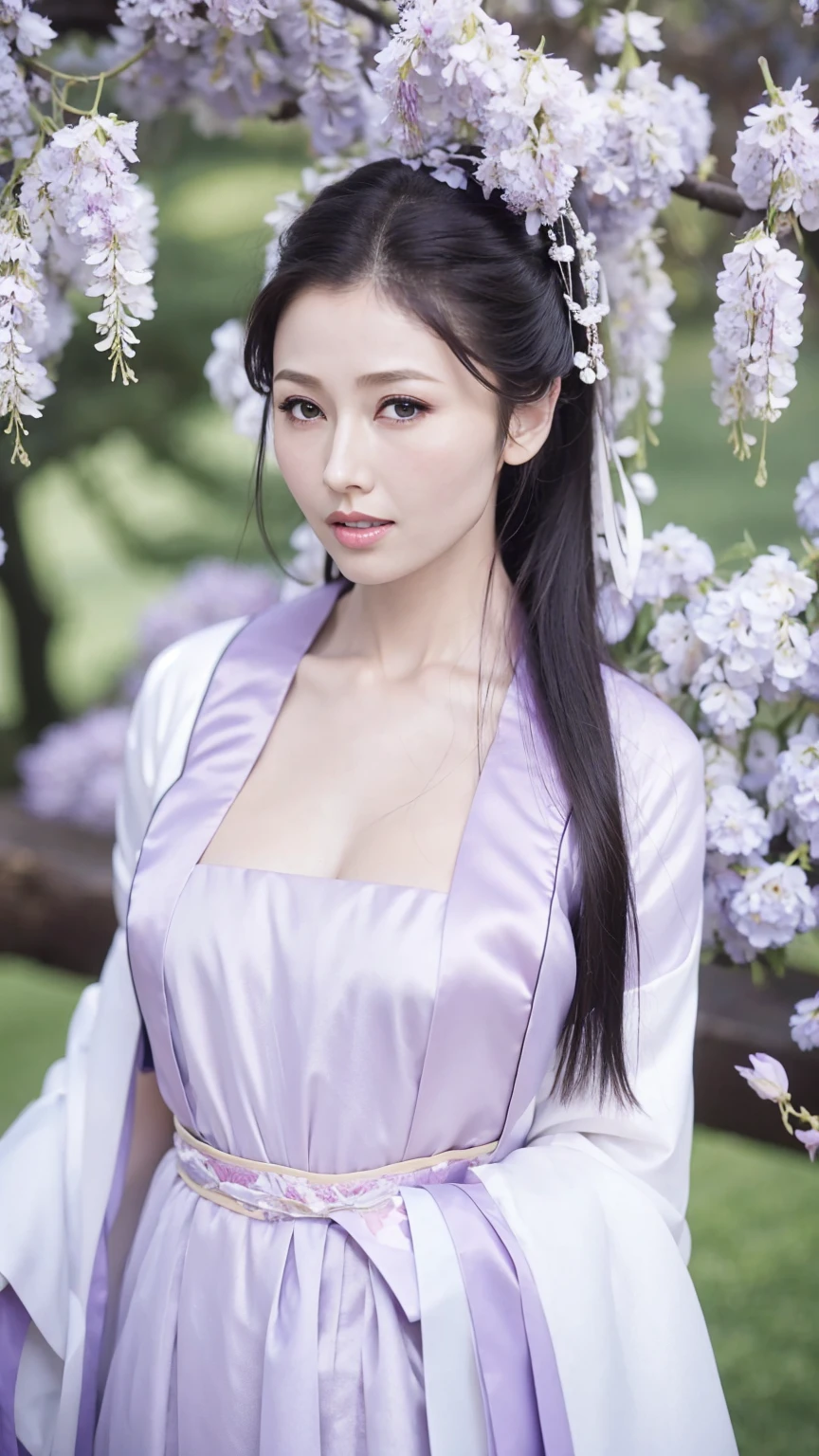 Fashion Model 2 [[[[Cleavage close-up]]]], [[[[Chest]]]], [[[[rape]]]], [[[[Shoulder]]]], Perfect eyes, Perfect Iris，Perfect lips，Perfect Teeth，Perfect skin，Long face，Soft headlights，HD girl,White ancient Chinese clothing，Hanfu，Full body photo，Wisteria in the background，masterpiece，Best quality，（Soft colors：1.2）
