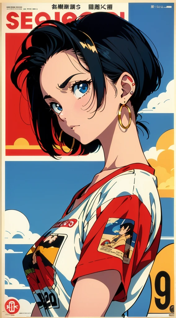 Beautiful girl with short black hair, hoop earrings in her ear, print t-shirt, 90s anime style, vintage style, Shinichiro Watanabe, cinematic angle, (((Vintage poster 90s))), ((Vintage poster 90s))