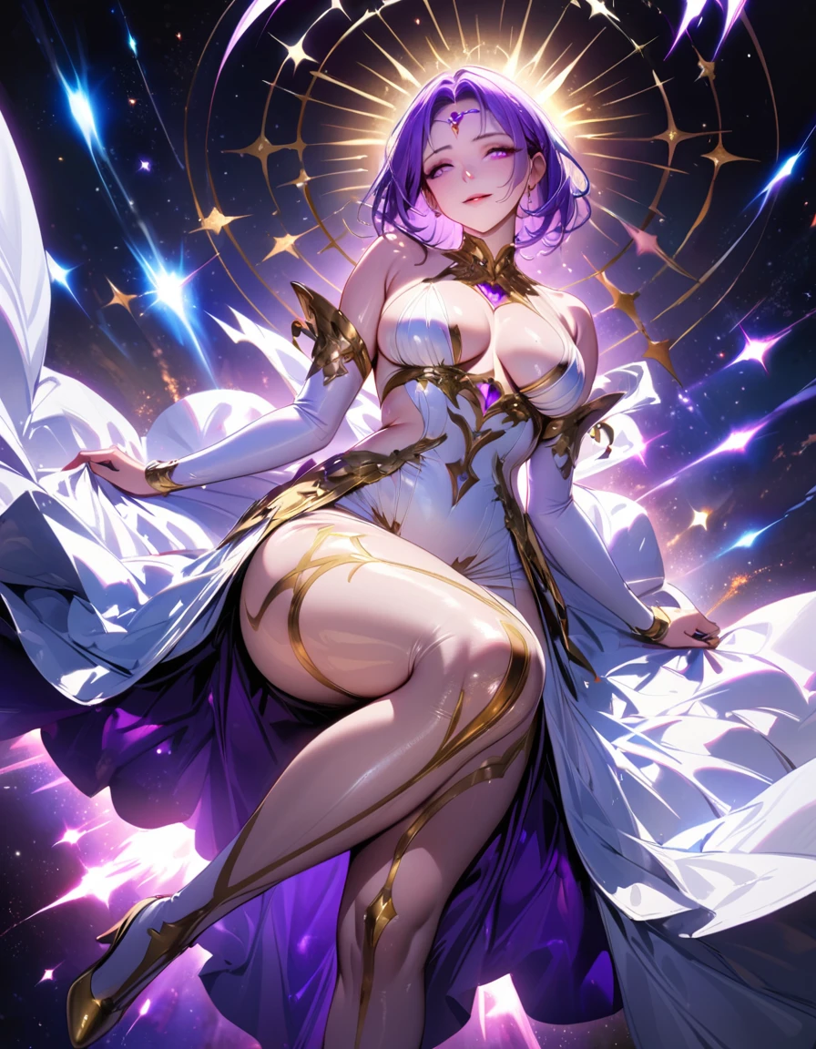 Mature beautiful woman,(Best Quality,Extremely detailed depiction,Incredibly absurd high definition,Anatomically accurate,Shiny skin,Porcelain-like skin,Curvy Legs),(A fantastic space goddess in a mysterious costume),(Fantastic white dress),eyelash,Eyeshadow,Eyeliner,mascara,makeup,(Intensely glowing purple eyes,Half-closed eyes:1.5,Glossy lips,wing,whole body,There is a shadow on the face,Gentle smile,Ring of Light,tights),background:Vast Outer Space,Big Star,comet,Fantastic space,Illuminated by a fantastic light,An enveloping aura,両手でEarthを包み込んでいる:1.5,Earth:1.3,High quality anime drawings