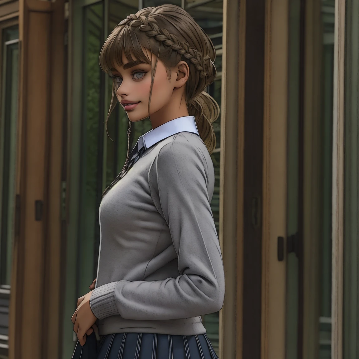 slmn, Taylor Hill,1girl, skinny, masterpiece,best quality,highres,ultra-detailed,aadarjeeling,braid,bangs,school uniform,(grey sweater),emblem,collared shirt,long sleeves,pleated miniskirt,outdoors,standing,:smile,cowboy shot, from side,