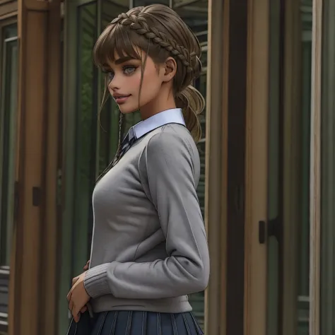 slmn, taylor hill,1girl, skinny, masterpiece,best quality,highres,ultra-detailed,aadarjeeling,braid,bangs,school uniform,(grey s...