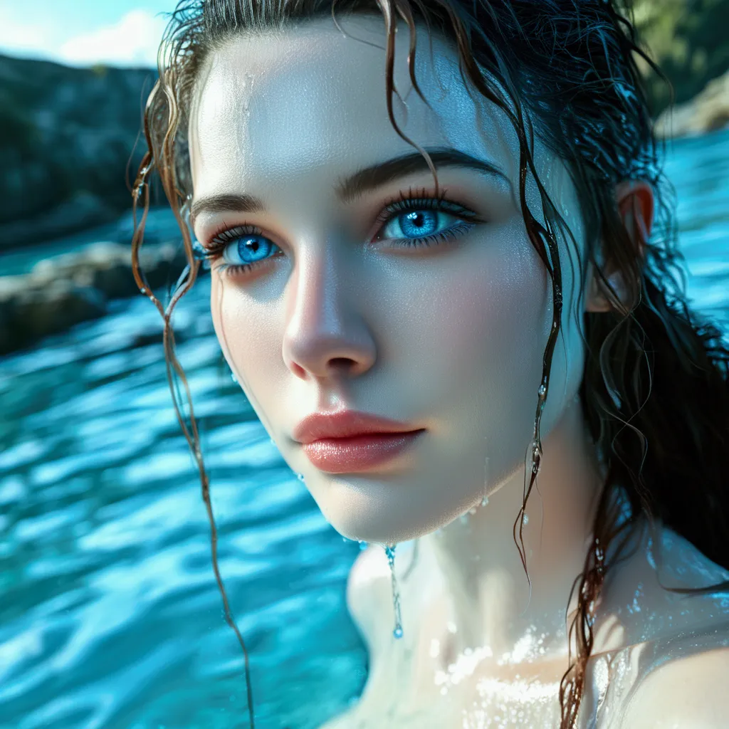 the face of woman with beautiful blue eyes, in water, in the style of dystopian realism, realistic perspective, xbox 360 graphic...