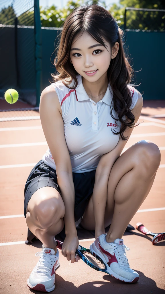 Pure Japanese teenage tennis girl, natural body, beautiful legs, shiny white skin, sitting and relaxed pose, wearing tennis uniforms, sneakers, natural wavy hair styles, no makeup, thick eyebrows, pure smile, sweet temptation, refreshing in day light, sexual attractive, professional pin-up portrait photography, nobody’s park, film photography, 35mm negative film, 85mm lens, very shallow depth of field, bokeh, 