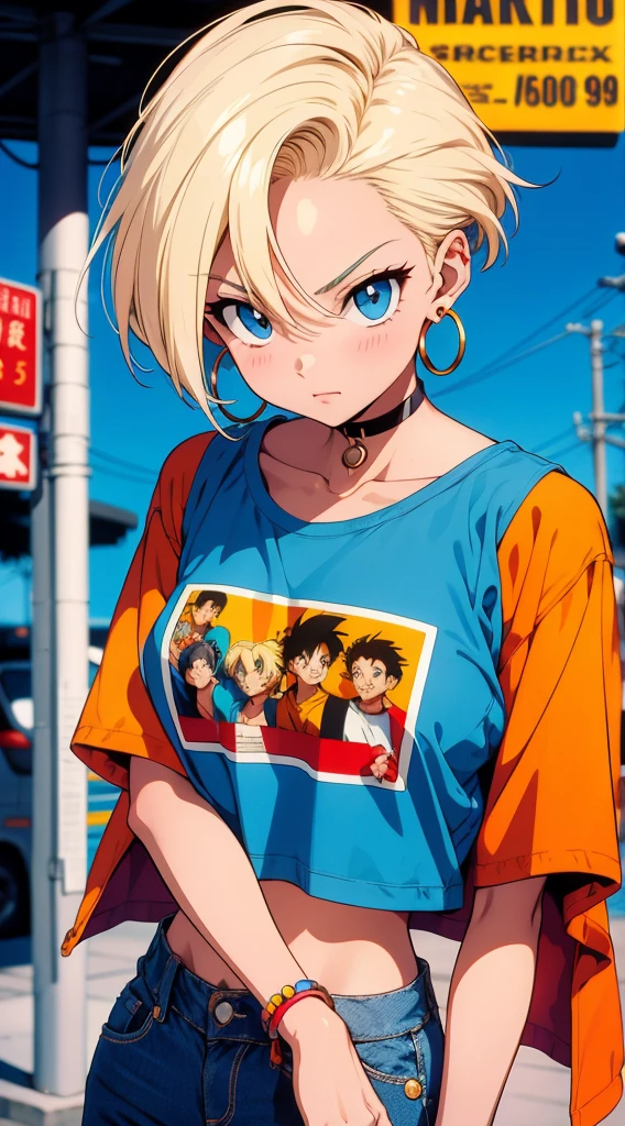 Beautiful girl with short blonde hair, hoop earrings, Printed T-shirt, cinematic angle, vibrant colors, 90s vintage style, retro style, 90s, 90s anime style, Akira Toriyama style, Toriyama style, 