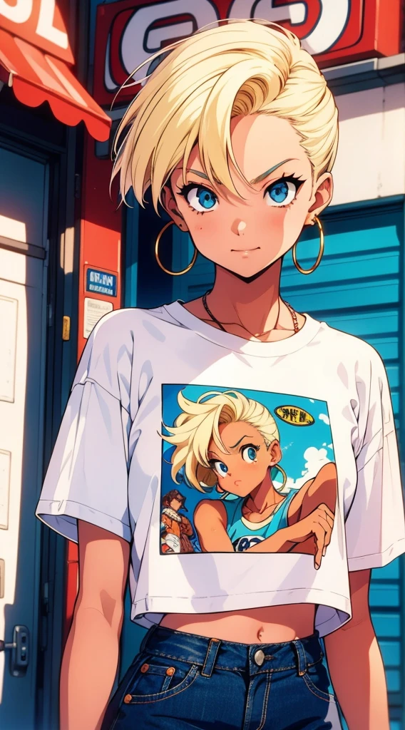 Beautiful girl with short blonde hair, hoop earrings, Printed T-shirt, cinematic angle, vibrant colors, 90s vintage style, retro style, 90s, 90s anime style, Akira Toriyama style, Toriyama style, 