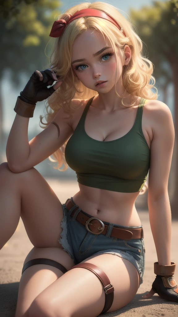 ((masterpiece, best quality)), insaneres, absurdres, solo, looking at viewer,
BlondeHair_BadLaunch_ownwaifu,
1girl, long hair, blonde hair,  curly hair, hair ribbon, blue eyes, medium breasts, red hairband, eyelashes, bangs, 
green shirt,  yellow shorts, crop top, midriff, fingerless gloves, cleavage, bare shoulders, navel, short shorts, collarbone, tank top, belt, brown gloves,  thigh strap, bare legs, 
 outdoors, lens flare, depth of field, bokeh, vanishing point,
(sitting, head tilt)