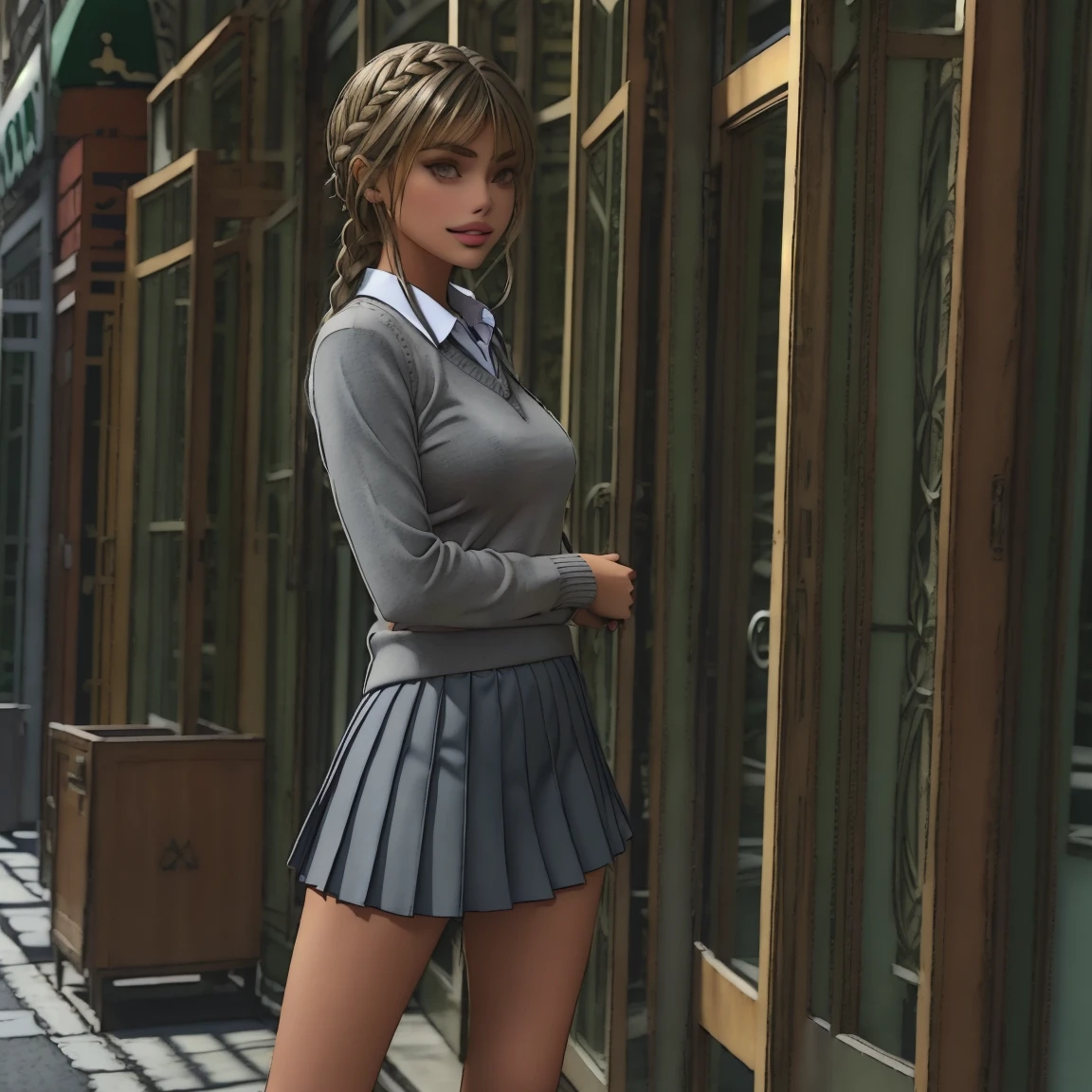 slmn, antonela roccuzzo,1girl, skinny, masterpiece,best quality,highres,ultra-detailed,aadarjeeling,braid,bangs,school uniform,(grey sweater),emblem,collared shirt,long sleeves,pleated miniskirt,outdoors,standing,:smile,cowboy shot, from side,