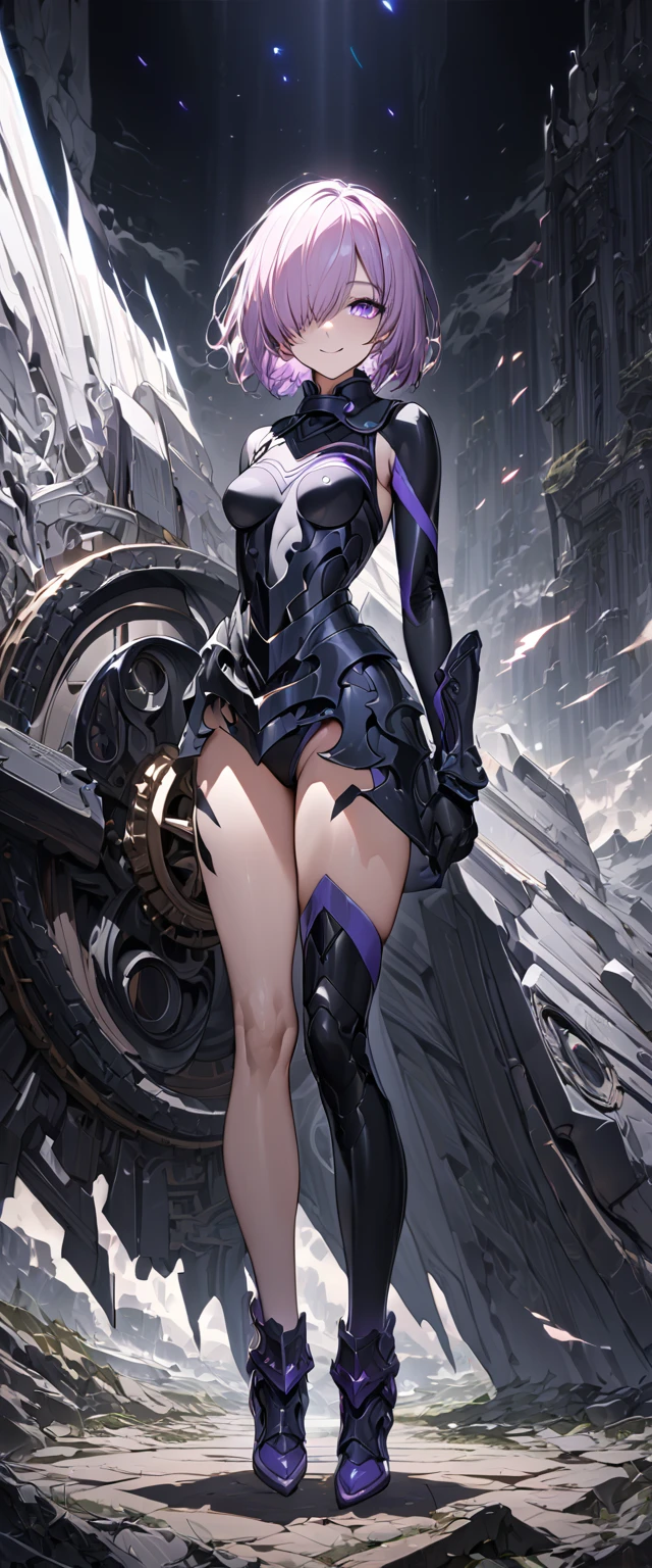 whole body, masterpiece, Best Quality, One girl, (Detailed), Dark armor, Dark Cross Shield, Mash Kyrielight, Light purple hair, Short Hair, Hair falling over one eye, smile, Slim body, Fine grain, Super detailed, Surreal, 8k, Cinema Lighting, Dramatic lighting, Dramatic atmosphere, Intricate details, Exquisite detail, Perfect Skin, Beautiful Face, elegant posture, A powerful presence, Captivating Expressions, Vibrant colors, Stunning contrast