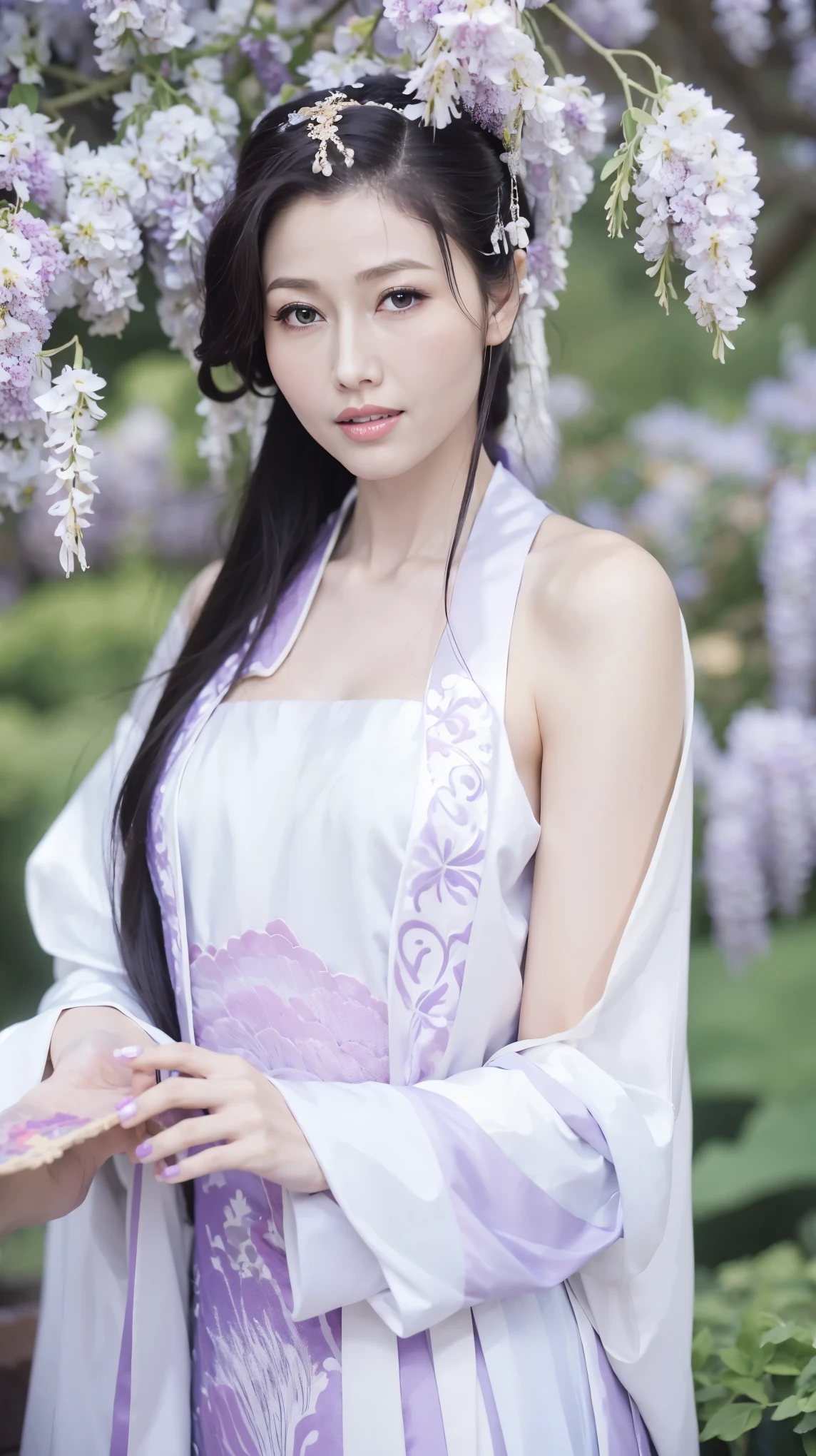 Fashion Model 2 [[[[Cleavage close-up]]]], [[[[Chest]]]], [[[[rape]]]], [[[[Shoulder]]]], Perfect eyes, Perfect Iris，Perfect lips，Perfect Teeth，Perfect skin，Long face，Soft headlights，HD Girls,White ancient Chinese clothing，Hanfu，Full body photo，Background with wisteria，masterpiece，Best quality，（Soft colors：1.2）