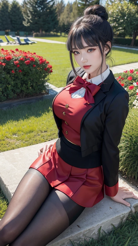 masterpiece, , Fermonica, Hair Bun, Weaving, Red bow, Black jacket, Black skirt, Red pantyhose, Upper body, From above, Supine, Grass, Looking at the audience, tired, Smile, garden 