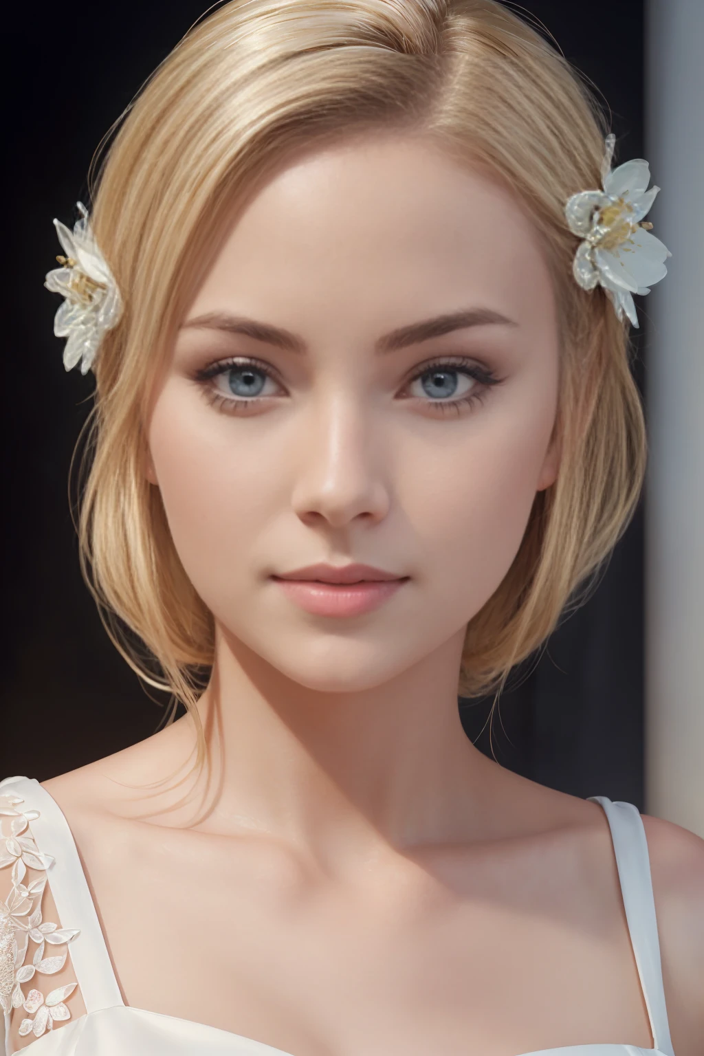 a beautiful blonde adult woman, detailed face, beautiful detailed eyes, beautiful detailed lips, extremely detailed face and skin, modest white dress, silk flower background, cinematic lighting, night, photorealistic, (best quality,8k,highres,masterpiece:1.2),ultra-detailed,(realistic,photorealistic,photo-realistic:1.37),professional,vivid colors,studio lighting