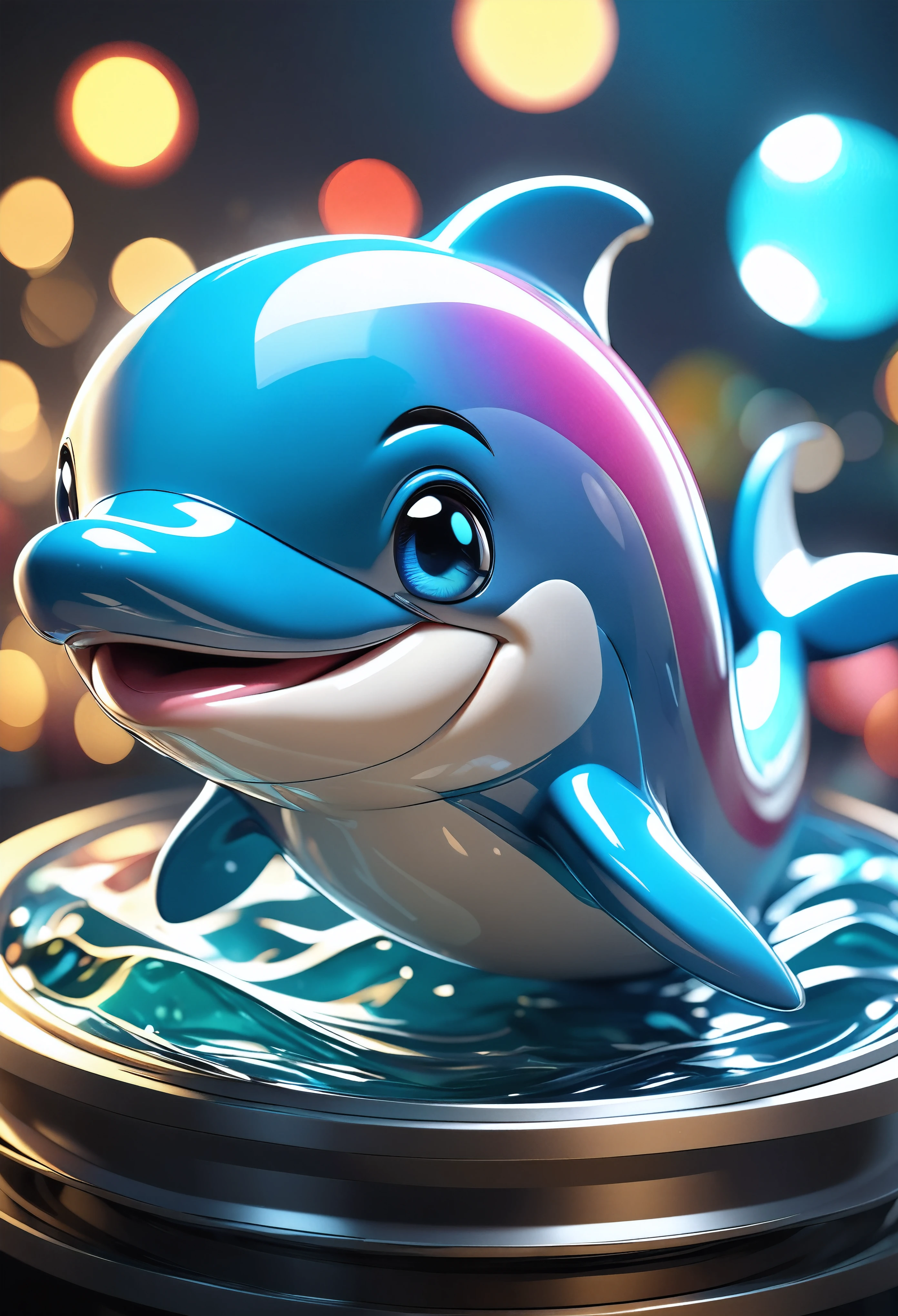 a highly detailed 4d clay model of a cute Dolphin , solo, Dolphin character, vibrant colorful gradients, anatomically correct, surreal and absurd aesthetics, cinema4d rendering, vivid colors, cute chibi style, polycarbonate, realistic 3d form, best quality, 4k, 8k, highres, masterpiece, ultra-detailed, realistic, photorealistic, photo-realistic, HDR, UHD, studio lighting, ultra-fine painting, sharp focus, physically-based rendering, extreme detail description, professional, vivid colors, bokeh, portraits, sea art  concept artists