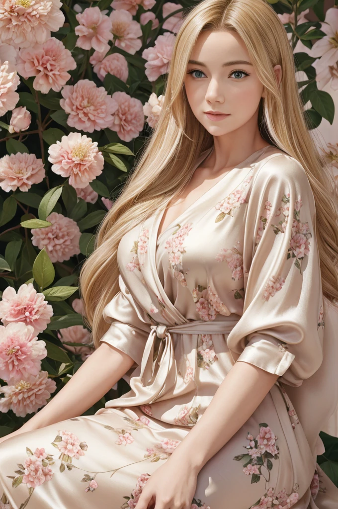 high quality cinematic photorealism, beautiful blonde adult woman wearing modest clothes, silk flower background