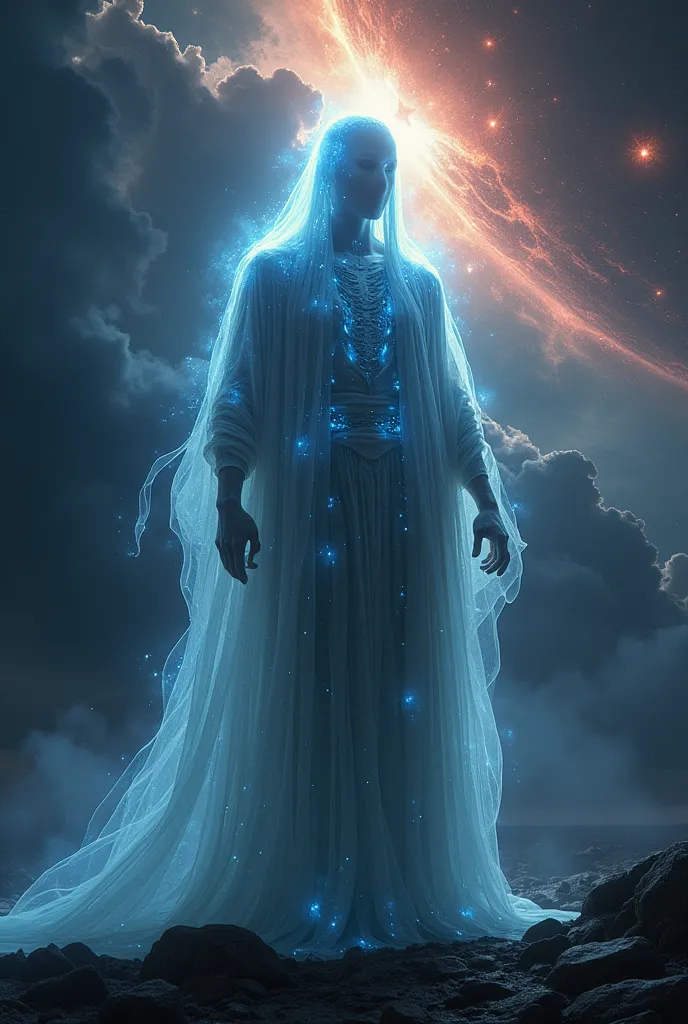 High energy life-form born from cosmic rays, transparent yet god-like silhouette wearing robe, leaking iridescent light, background ominous black hole, electromagnetic discharge, dark clouds, galaxy